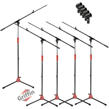 GRIFFIN 5 Pack Mic Boom Stands with Telescoping Arms & Microphone Clips