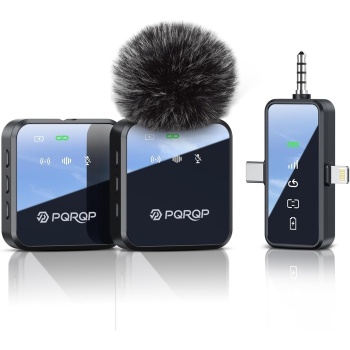 PQRQP 3 in 1 Microphone for iPhone/Android/Camera, Wireless Lavalier Microphone
