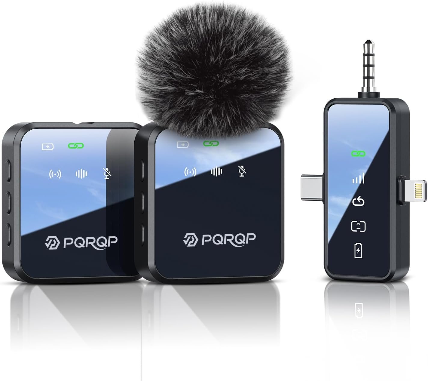 PQRQP 3 in 1 Microphone for iPhone/Android/Camera, Wireless Lavalier Microphone