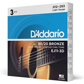 D'Addario Acoustic Guitar Strings, 80/20 Bronze, EJ11-3D, Light Gauge 12-53