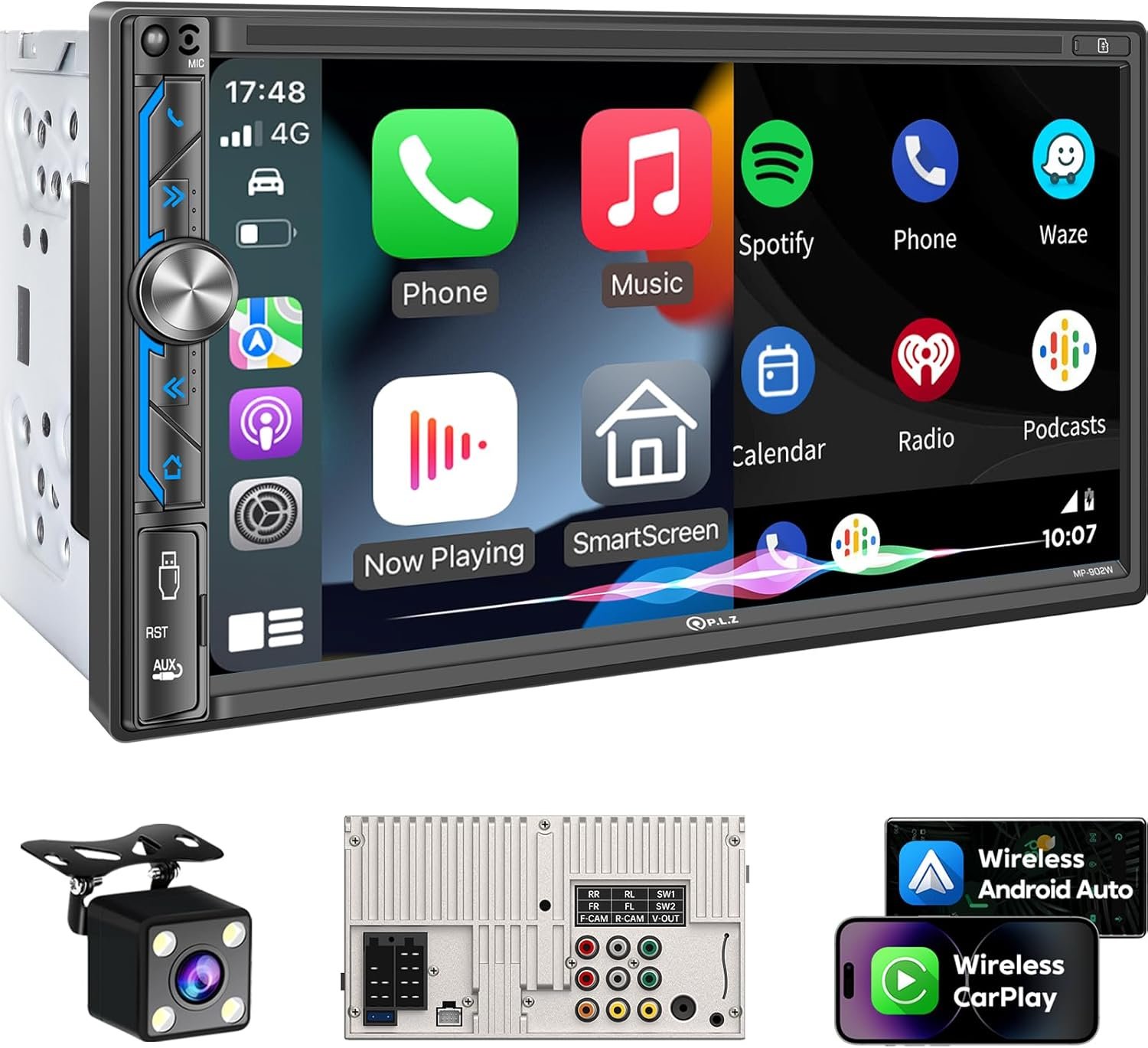 PLZ 7" Wireless Double Din Car Stereo Apple Carplay Radio Screen