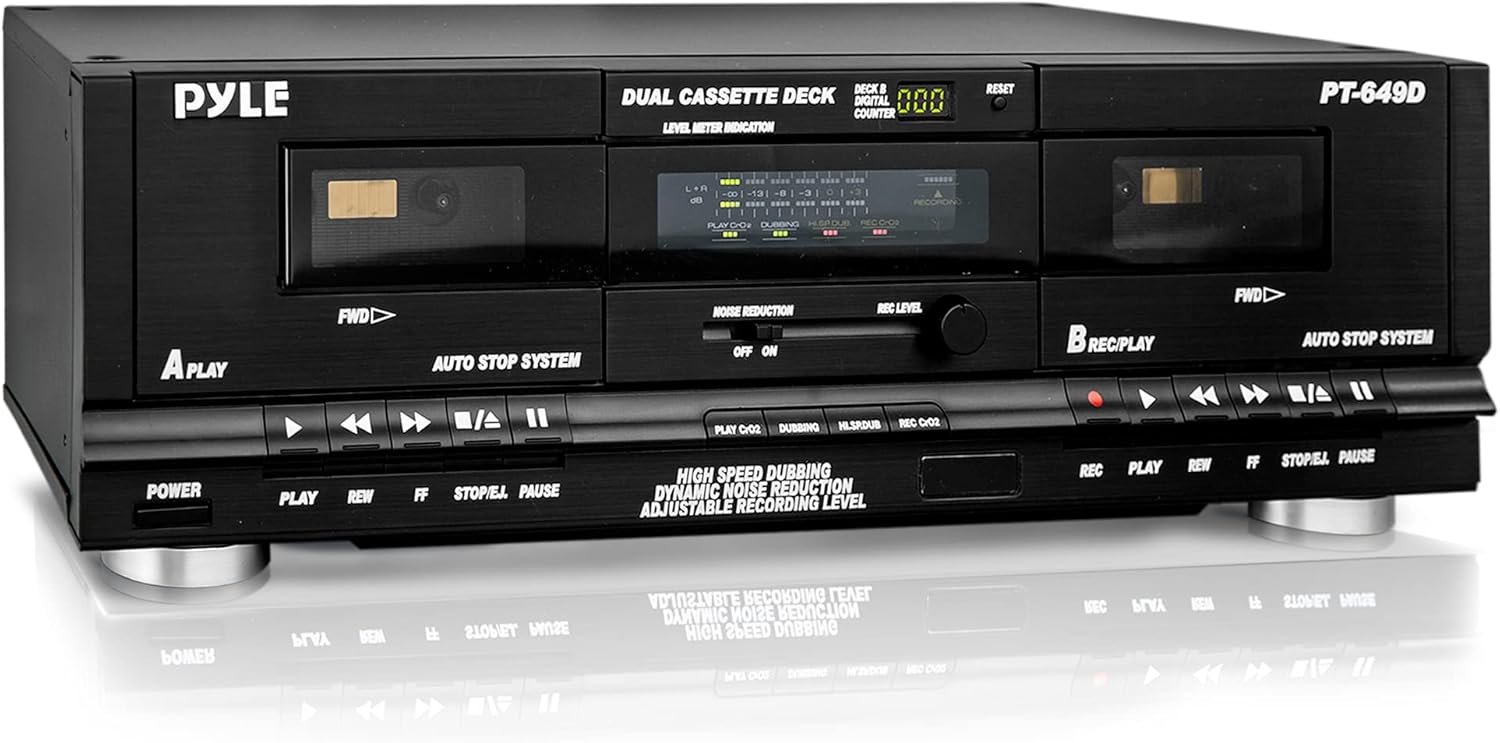 PyleUsa Dual Cassette Deck | Music Recording Device with RCA Cables
