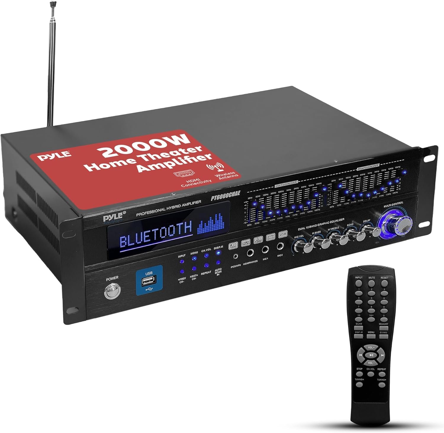 Pyle 2000W Bluetooth 5.0 - 6-Channel Home Amplifier - Rack Mount Stereo Receiver
