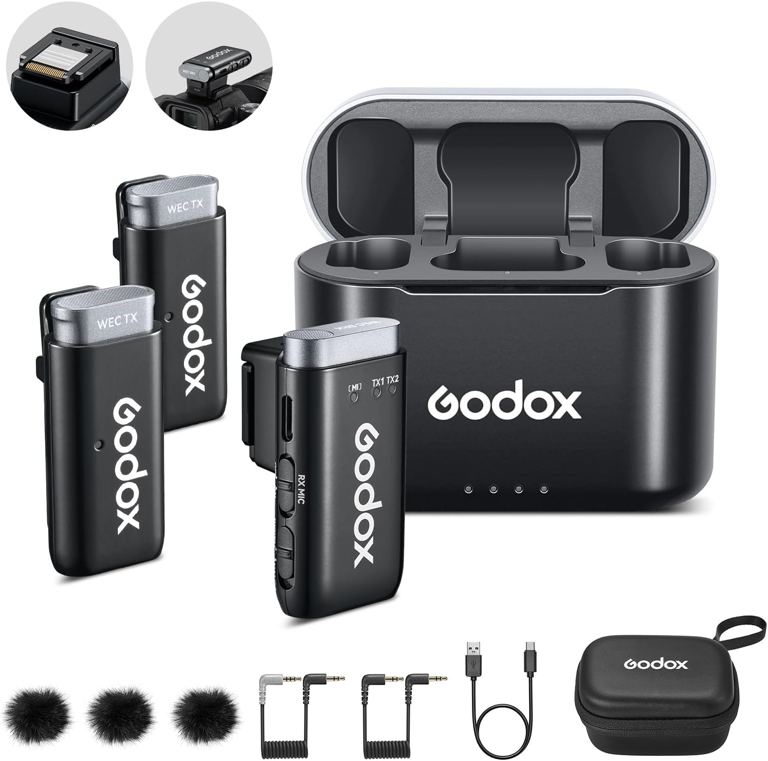 GODOX WEC KIT2 Wireless Microphone for Sony, Cable-Free Hotshoe Mount Lavalier