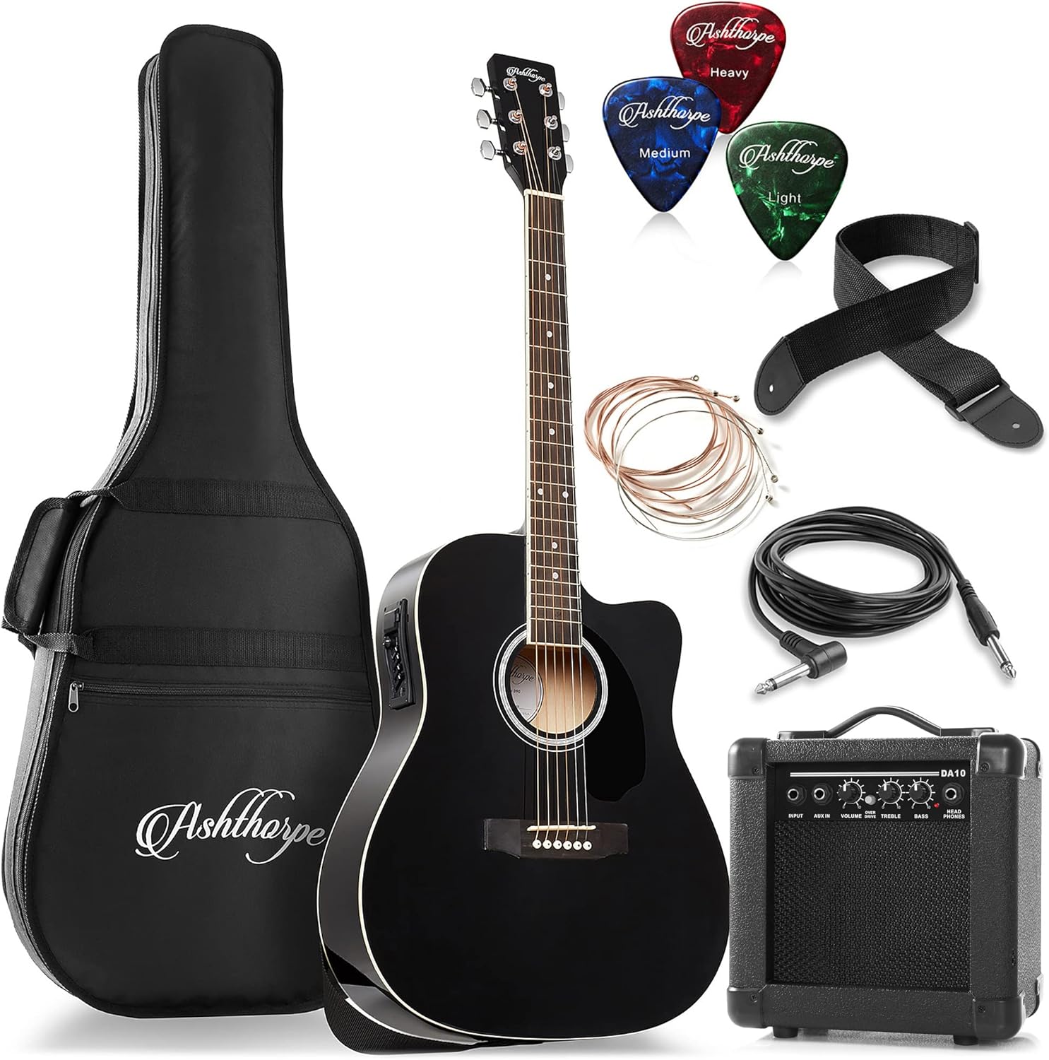 Ashthorpe Full-Size Dreadnought Cutaway Acoustic Electric Guitar Package