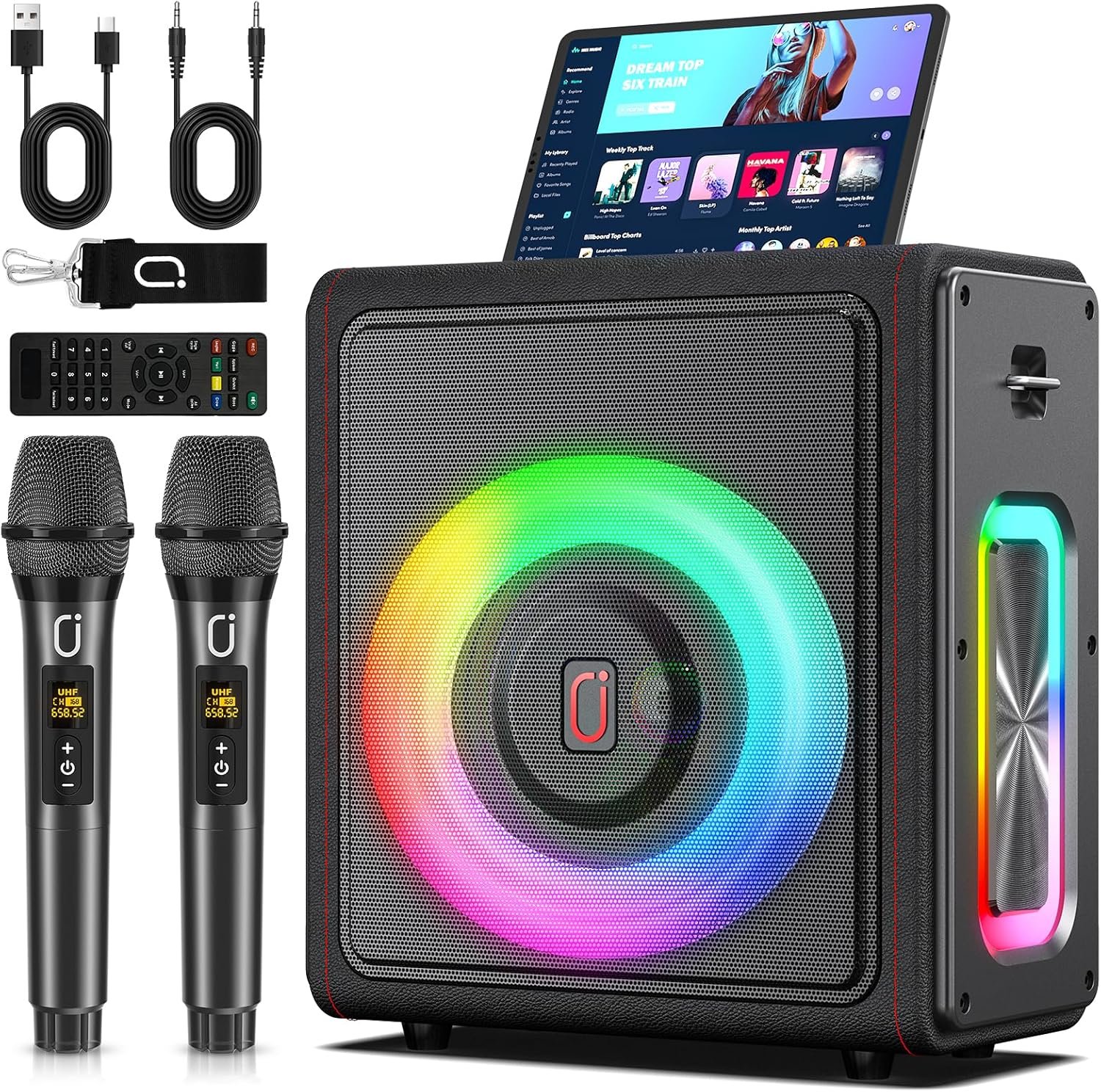 Karaoke Machine, Portable Bluetooth 5.3 Speaker with 2 Wireless Microphones