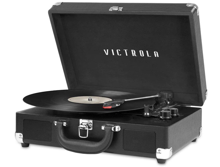 Victrola Journey Bluetooth Portable Suitcase Record Player – with Built-in Speakers, 3 Speed Vinyl Record Player, RCA Out, Headphone Jack (Black)