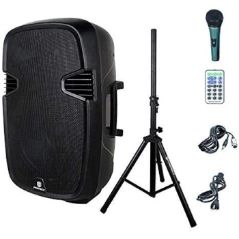 PRORECK PR-C15 Portable 15-inch 600 Watt 2-Way Powered Dj/PA Speaker with Bluetooth/USB/SD Card Reader/FM Radio/Remote Control/LED Light/Speaker Stand, Black