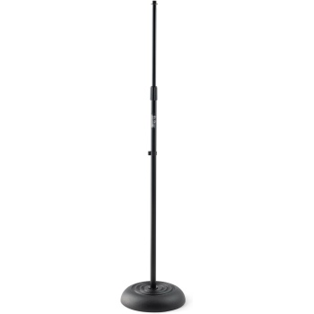 OnStage MS7201B Round-Base Mic Stand (Supports Dynamic and Condenser Microphones, Height Adjustable 33"–60", Standard 5/8"-27 Threading, 7 lb, 10" Metal Base, Rubber Feet, Cable-Management Clip)