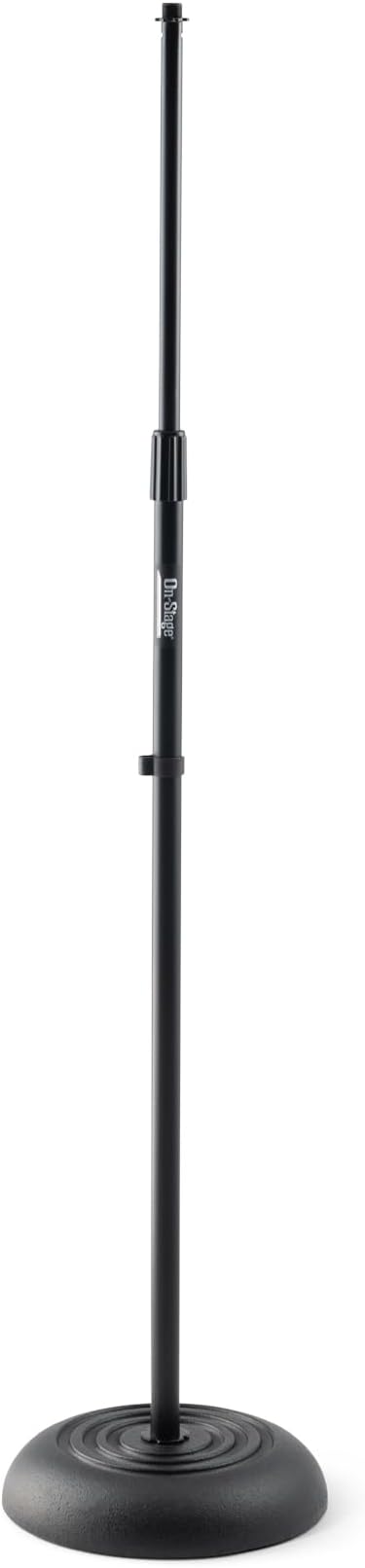 OnStage MS7201B Round-Base Mic Stand (Supports Dynamic and Condenser Microphones, Height Adjustable 33"–60", Standard 5/8"-27 Threading, 7 lb, 10" Metal Base, Rubber Feet, Cable-Management Clip)