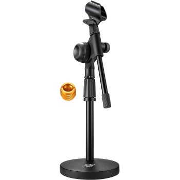 Moukey Mic Stand Desk Adjustable Tabletop Microphone Stand with Non-Slip Mic Clip, Short Table Mic Stand with Gear Fixing, Boom Arm, 3/8" and 5/8" Adapter, MMs-5