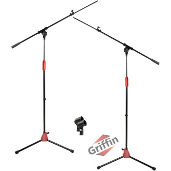 Griffin 2 Pack Boom Microphone Stands (StageLOCK Series) – Adjustable Tripod with Folding Legs, Telescoping Arm & Mic Clip for Studio or Live Performance