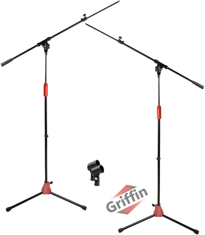 Griffin 2 Pack Boom Microphone Stands (StageLOCK Series) – Adjustable Tripod with Folding Legs, Telescoping Arm & Mic Clip for Studio or Live Performance