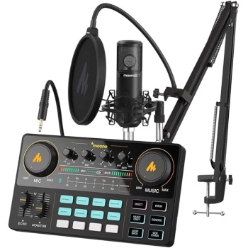 MAONO Podcast Equipment Bundle Audio mixer All-in-One Podcast Production Studio with 3.5mm Microphone for Live Streaming, Podcast Recording, PC, Smartphone, DJ MaonoCaster Lite (AU-AM200-S6 Black)