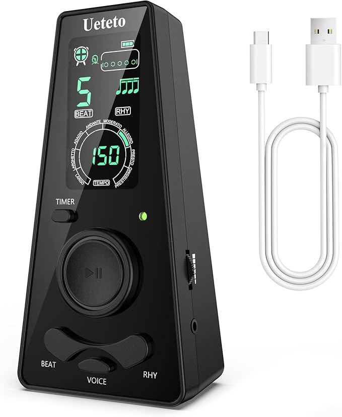 Ueteto Digital Metronome for Piano, Guitar, Drum, Violin Practice, Metronome with Human Voice and Headphone Jack, 9 Rhythms, 40-208 BPM, Timer Function for Musicians