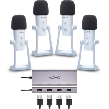 Movo USB Podcast Equipment Bundle for 4 – USB Interface with 4 UM700 Condenser Microphones – 4-Port Powered Hub for Streaming, Podcasting, Interviews (White)