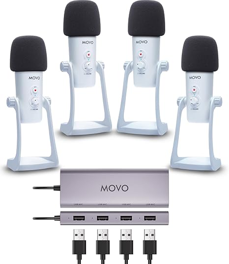 Movo USB Podcast Equipment Bundle for 4 – USB Interface with 4 UM700 Condenser Microphones – 4-Port Powered Hub for Streaming, Podcasting, Interviews (White)