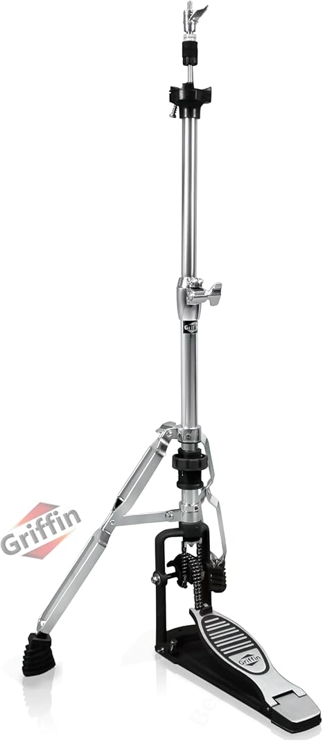 Griffin 2 Leg Hi-Hat Stand (QuickAction X Series) – For Heavy Duty Cymbals, Double Braced Chrome Base Converts to No-Leg Mount for Drummers with Drum Key