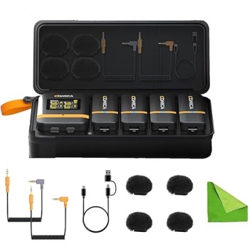 COMICA Vimo Q Four-Channel Mini Wireless Lavalier Microphone System with 4 Transmitters and 1 Receiver with Charging Case for Phone Video Recording Interview Youtubers Vloggers