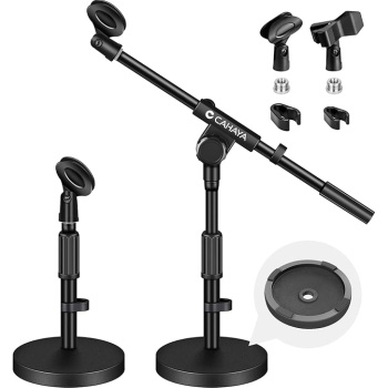 CAHAYA Microphone Stand Desk Adjustable: Boom Arm Mic Stand Desktop with 2 Mic Clips Reinforced Metal Base Table Mic Mount with 3/8" to 5/8" Screw Adapter for Singing Performance Wedding Stage Black