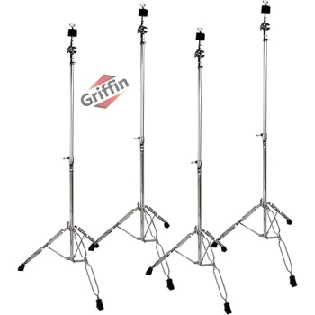 Griffin Straight Cymbal Stand Set (Percussion TiltPro X Edition) 4 Pack – Double Braced Chrome Drum Hardware – Slip-Proof Light-Duty Mounts for Crash, Ride & Splash