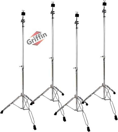 Griffin Straight Cymbal Stand Set (Percussion TiltPro X Edition) 4 Pack – Double Braced Chrome Drum Hardware – Slip-Proof Light-Duty Mounts for Crash, Ride & Splash