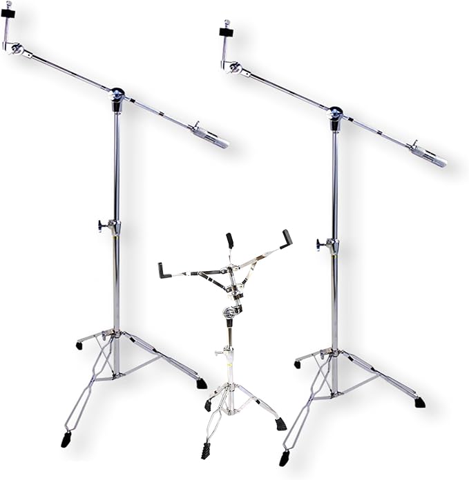 Griffin Cymbal & Snare Stand Kit (Percussion TiltPro X Edition) 3 Pack – Boom Arm Mounts with Counterweight, Double Braced Chrome Legs for Crash, Ride & Splash Cymbals