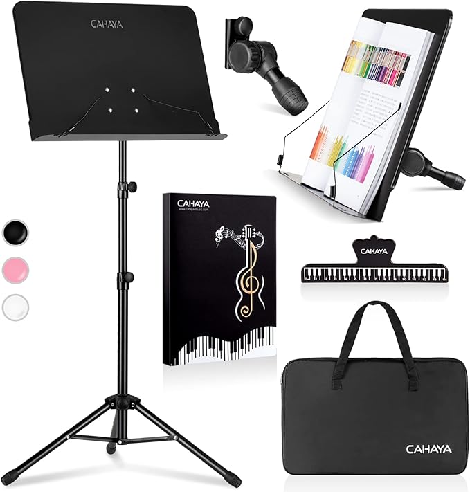 CAHAYA Music Stand for Sheet Music - Dual-use Converts to Desktop Stand Portable& Foldable 31.4-57in Height Adjustable Sturdy to Holds Thick Book or Tablet Include Carrying Bag Sheet Music Folder Clip