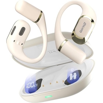OHAYO Open Ear Headphones,Earbuds with Ergonomic Earhook,Bluetooth Headphones 5.4 with Smart Digital Display,40H Playtime,IPX6 Waterproof,Touch Control Earphones Fit Cycling,Running,Workout(Beige)