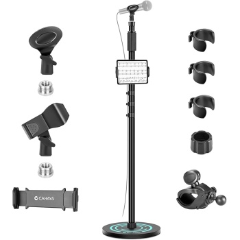 CAHAYA Mic Stand Floor Detachable - Microphone Stand Heavy Duty with Weighted Round Base Phone Holder and 2 Mic Clips Portable Mic Stands Height Adjustable 50" to 64" for Singing Performance Stage
