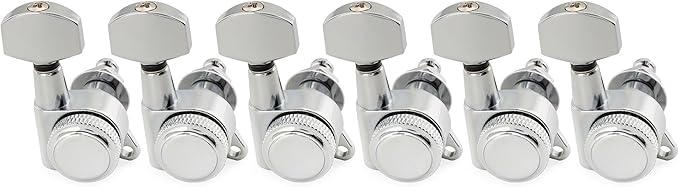 Musiclily Pro 6-in-line 18:1 Ratio Full Sealed Locking Machine Heads Tuners Tuning Pegs Keys with Hex Button 45 Degree Screw for Strat Tele Style Electric Guitar, Chrome