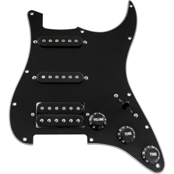 Musiclily Basic 11 Hole HSS Loaded Guitar Strat Pickguard Prewired Pickguard with Alnico 5 Pickup Humbucker for Fender American/Mexican Stratocaster Standard Modern Style Electric Guitar, 3Ply Black