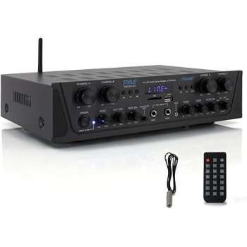 Pyle 4-Channel Audio Amplifier with Bluetooth - Home Stereo Receiver w/ 500W Max Power - Commercial or Karaoke - Dual Mic Input with Echo, Vol, Talk-Over - AUX In - Sub Out - USB-A MP3 Player, AM/FM