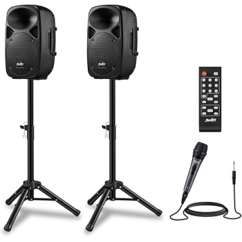 Moukey MPA80 PA System, 8 Inch Active & Passive Powered Rechargeable PA Speakers, 600W Peak Power, with 2 Tripod Stands, Wired Microphone, Remote Control, Support BT/USB/TF/FM/AUX