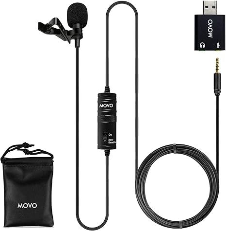 Movo LV1-USB Lavalier Microphone for Camera, Lapel for iPhone and Android Smartphones, Body Lav Mic, Clip On Microphone for 3.5mm, Shirt Lapel Mic for Phone, GoPro, Interview, Computer, PC