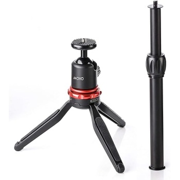 Movo Universal Mini Camera Tripod with Extendable Pole (MV-T1) Adjustable Head, Heavy-Duty Aluminum Travel Stand for DSLR, Mirrorless, GoPro, Smartphones, Compact, Portable