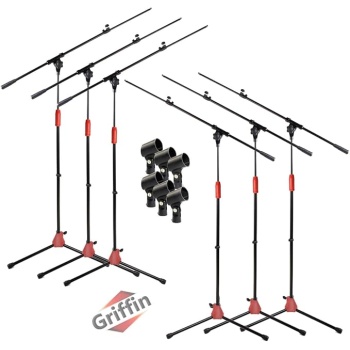 Griffin 6 Pack Microphone Boom Stands (StageLOCK Series) – Tripod Folding Leg Base with Telescoping Arm & Clip Mount for Studio, or Live Karaoke