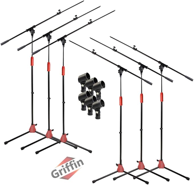 Griffin 6 Pack Microphone Boom Stands (StageLOCK Series) – Tripod Folding Leg Base with Telescoping Arm & Clip Mount for Studio, or Live Karaoke