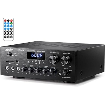 Moukey Stereo Receivers with Bluetooth 5.0, 2.0 Channel Power Audio Amplifier Stereo System w/USB, SD, AUX, RCA, MIC in w/Echo, LED for Karaoke, Home Theater Speakers, 400W Peak, 25W× 2 RMS- MAMP1