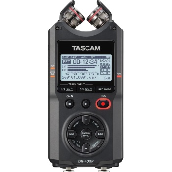 Tascam DR-40XP 4-Channel 32-Bit Float Portable Handheld Field Recorder and USB-C Audio Interface — With 2 XLR/TRS Inputs and Adjustable Mics for Music, Audio for Video and Interviews
