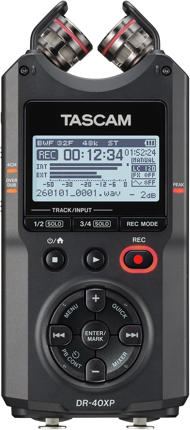 Tascam DR-40XP 4-Channel 32-Bit Float Portable Handheld Field Recorder and USB-C Audio Interface — With 2 XLR/TRS Inputs and Adjustable Mics for Music, Audio for Video and Interviews
