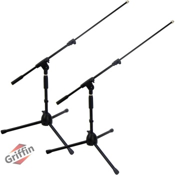 Griffin 2 Pack Short Tripod Mic Stands (Low Profile-X Series) with Boom Arm & Telescoping Holder – For Kick Drum, Studio Recording & Guitar Amp Mic