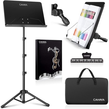 CAHAYA 5 in 1 Heightened Dual-use Sheet Music Stand & Desktop Book Stand Metal Portable Solid Back with Height Adjustable from 31.4-67in Including Carrying Bag, Sheet Music Folder & Clip CY0304