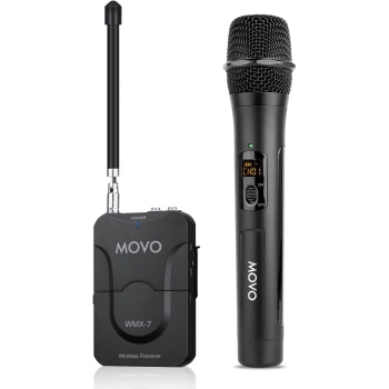 Movo WMX-7-TH+RX Handheld Wireless Microphone System - Omnidirectional Microphone with Built-in VHF Transmitter, Bodypack Receiver - Wireless Mic Interview Kit for Reporters, Vlogging, Live Events