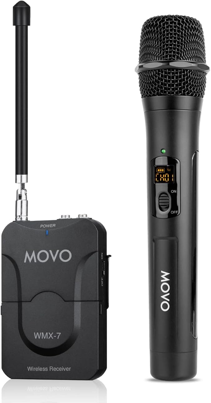 Movo WMX-7-TH+RX Handheld Wireless Microphone System - Omnidirectional Microphone with Built-in VHF Transmitter, Bodypack Receiver - Wireless Mic Interview Kit for Reporters, Vlogging, Live Events