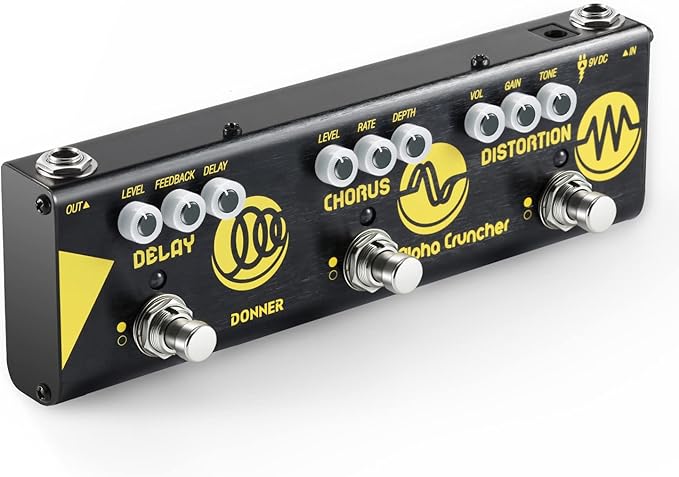 Donner Multi Effects Guitar Pedal Alpha Cruncher 3 Type Effects Delay Chorus Distortion Pedal with Adapter for Electric Guitar