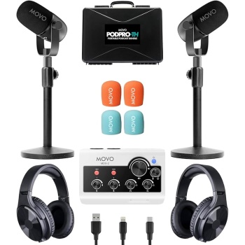 Movo Portable Podcast Equipment Bundle for iPhone/Android Phones- Podcast Kit with Audio Interface, 2 CastMic Dynamic Mics, 2 Table Stands - For Smartphones, Computers, PC, Mac - Lightning, USB, USB-C