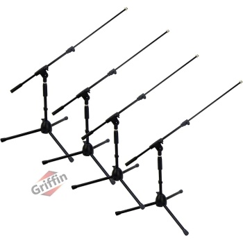 Griffin Short Mic Boom Stands (Low Profile-X Series) 4 Pack – Short Tripod with Telescoping Arm Holder – – Ideal for Studio, Kick Drum & Speaker Stage Monitors