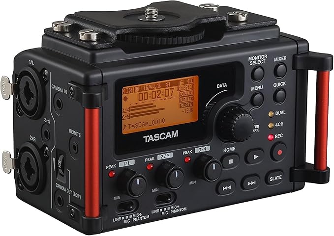Tascam 4-Channel Portable Audio Recorder for Videographers, 2 Combo XLR/TRS", Dual 3.5mm Inputs, Limiter, HP Filter (DR-60DmkII)