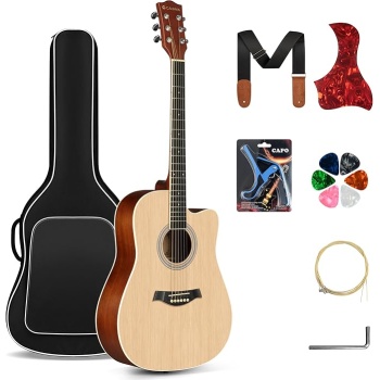 CAHAYA Acoustic Guitar Beginner Kit - 41in Adult All Wood Starter Set Includes with Thickened Gig Bag Capo Pickguard Strings Picks Strap for Kids Teenager Students Natural